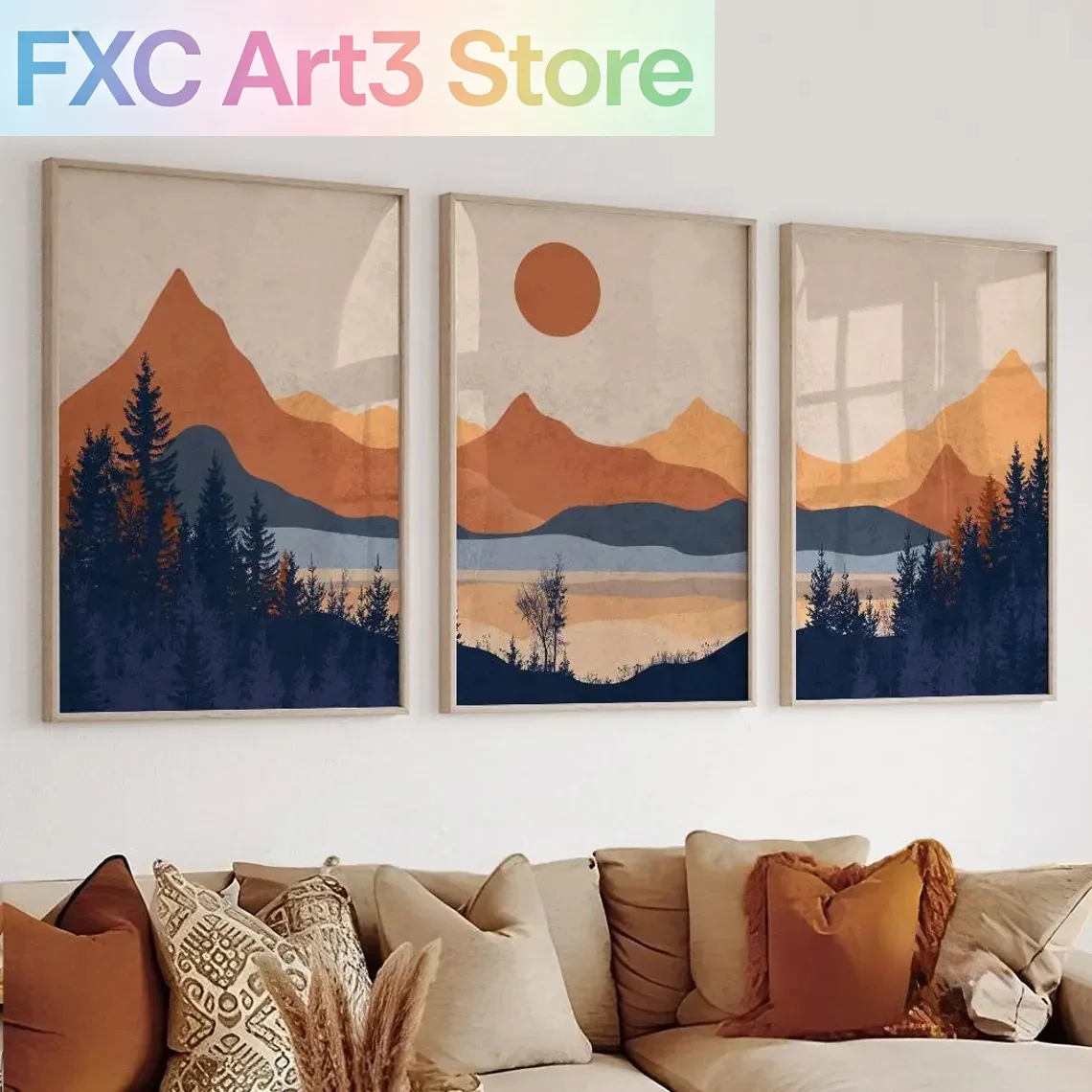 Photography Kit - 3pcs/Set frameless,Terracotta Blue Minimalist Landscape Abstract